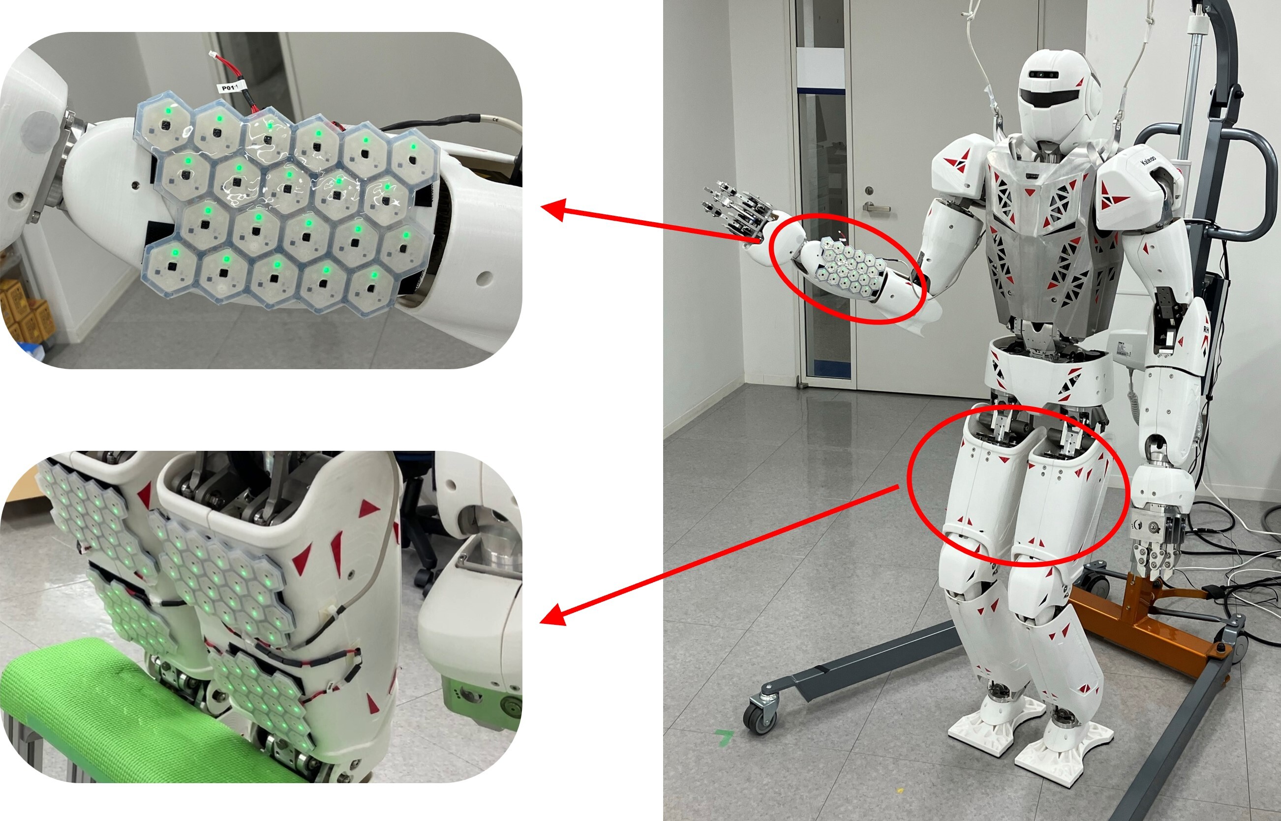RHP Kaleido with distributed tactile sensors mounted on one forearm and both thighs.